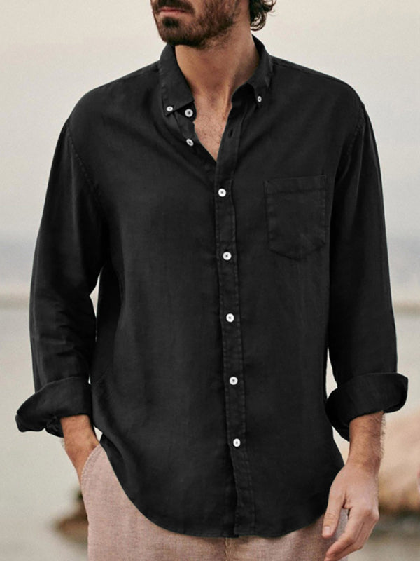 Men’s new European and American fashion solid color loose single-breasted long-sleeved lapel shirt - Black / S