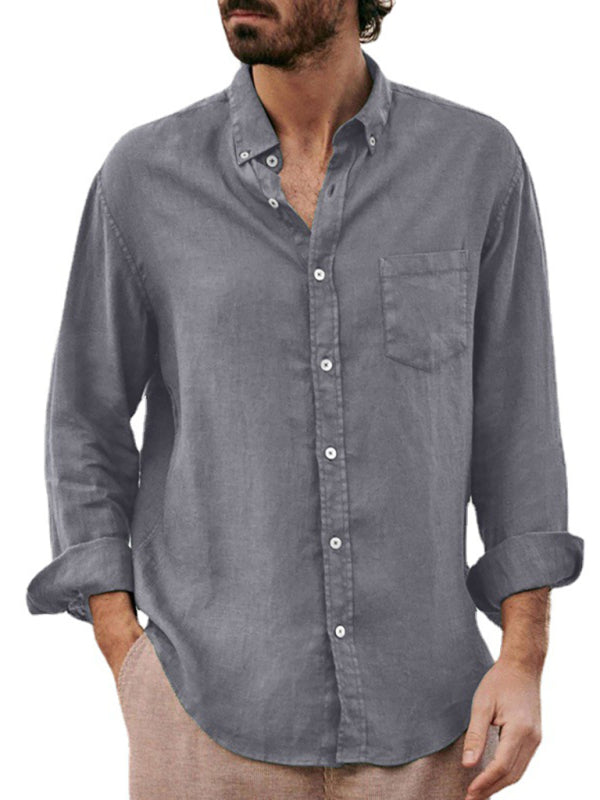 Men’s new European and American fashion solid color loose single-breasted long-sleeved lapel shirt