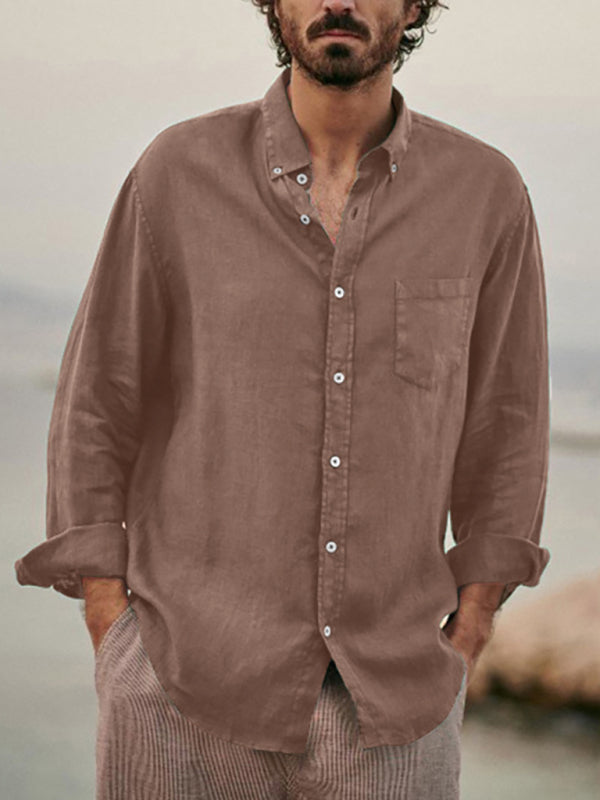Men’s new European and American fashion solid color loose single-breasted long-sleeved lapel shirt - Brown / S
