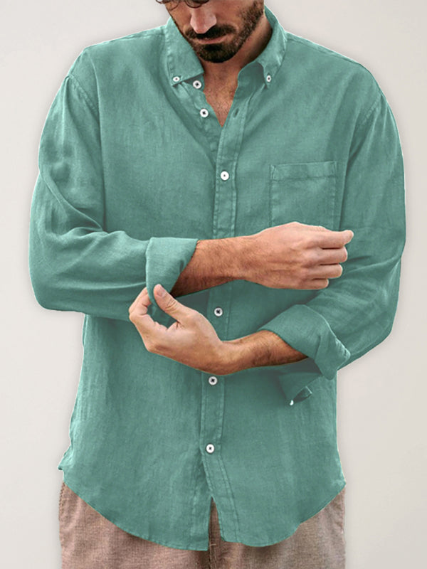 Men’s new European and American fashion solid color loose single-breasted long-sleeved lapel shirt - Green / S