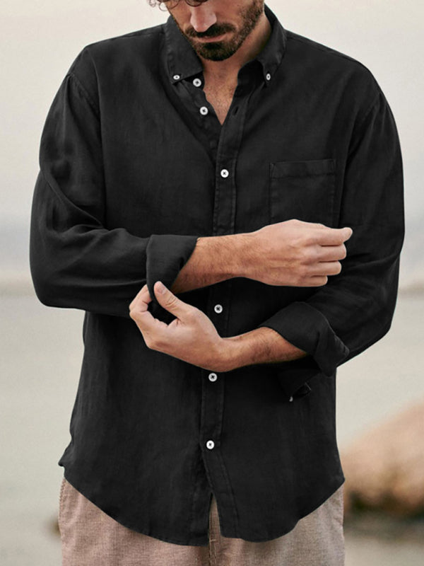 Men’s new European and American fashion solid color loose single-breasted long-sleeved lapel shirt