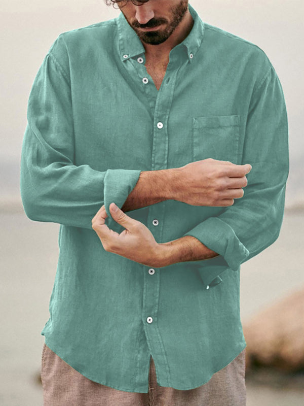 Men’s new European and American fashion solid color loose single-breasted long-sleeved lapel shirt