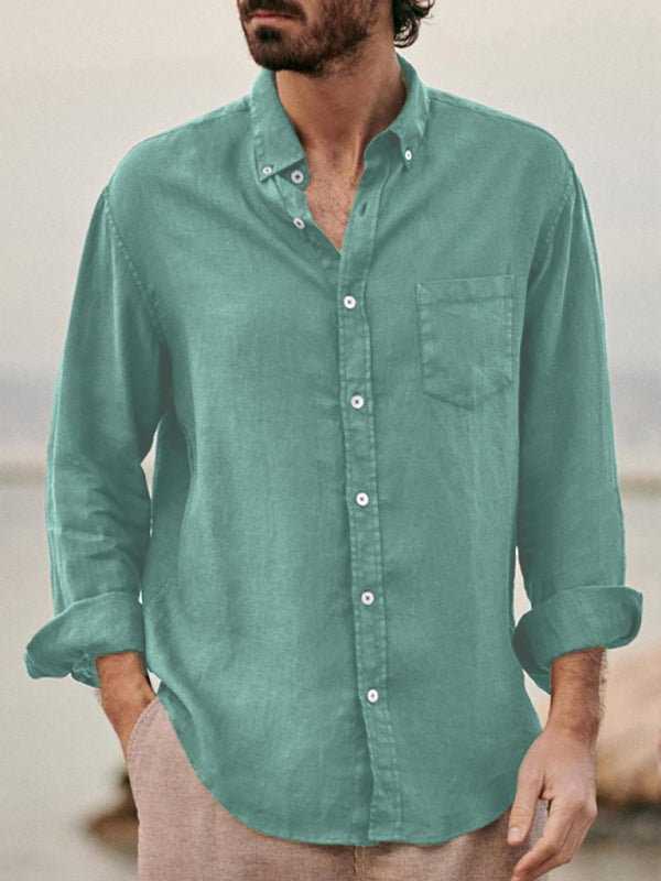 Men’s new European and American fashion solid color loose single-breasted long-sleeved lapel shirt