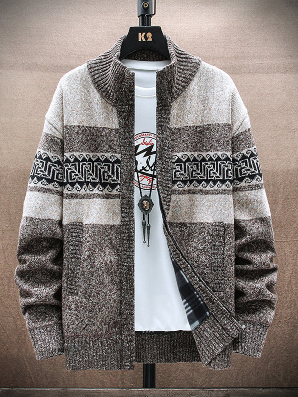 Men’s new fashion stand-up collar cardigan sweater zipper style sweater - Coffee / M