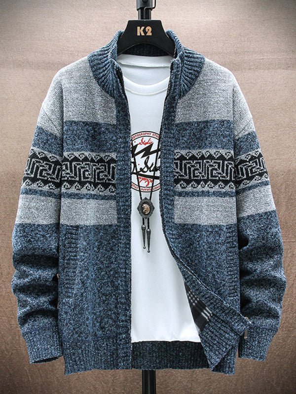 Men’s new fashion stand-up collar cardigan sweater zipper style sweater - Blue grey / M