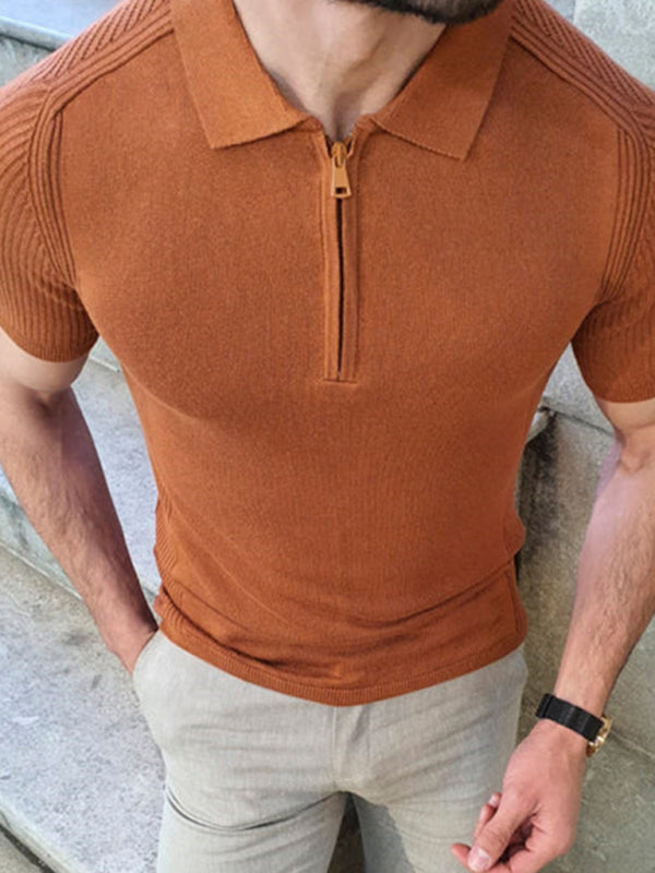 Men’s new knitted sweater slim fit polo collar short-sleeved top - Brown / M