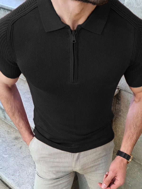 Men’s new knitted sweater slim fit polo collar short-sleeved top - Black / M