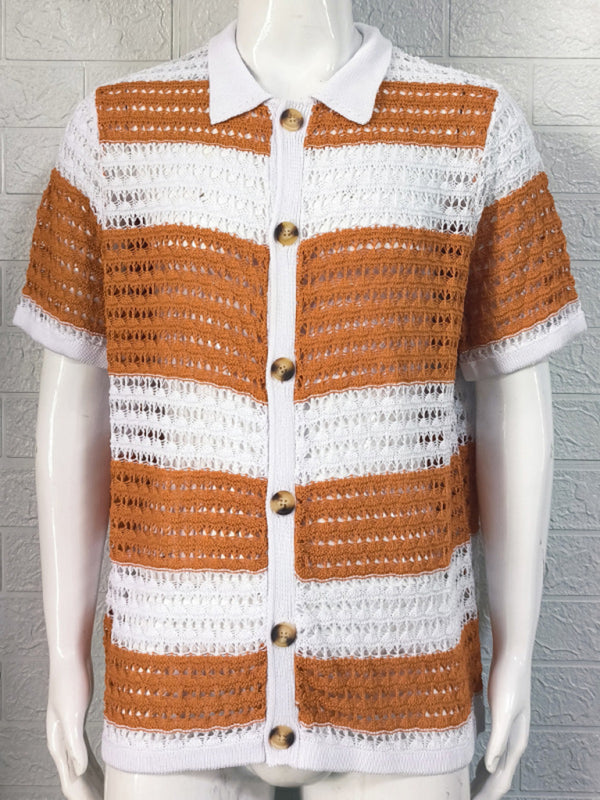 Men’s new lapel short-sleeved color-blocked cardigan