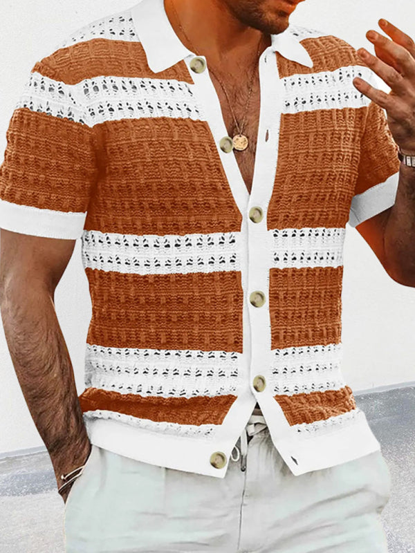 Men’s new lapel short-sleeved color-blocked cardigan