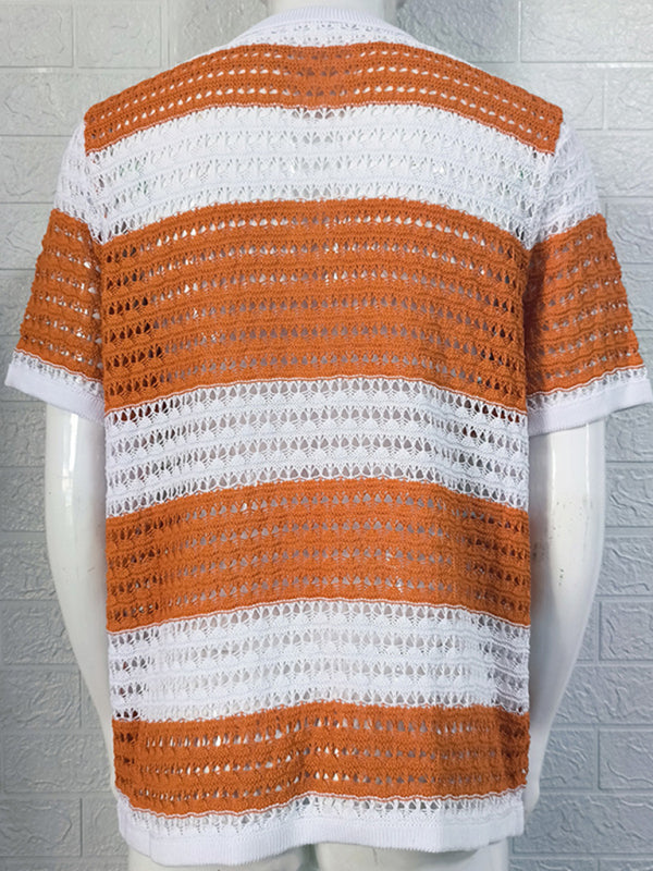 Men’s new lapel short-sleeved color-blocked cardigan