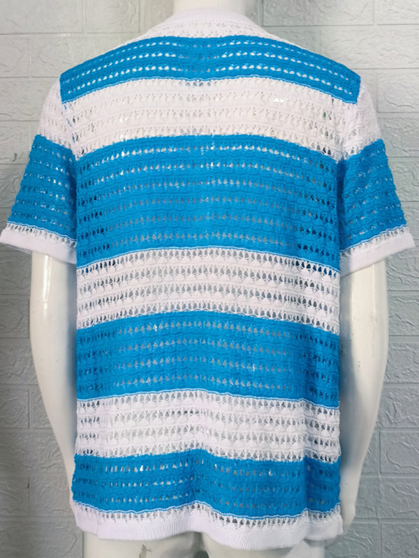 Men’s new lapel short-sleeved color-blocked cardigan