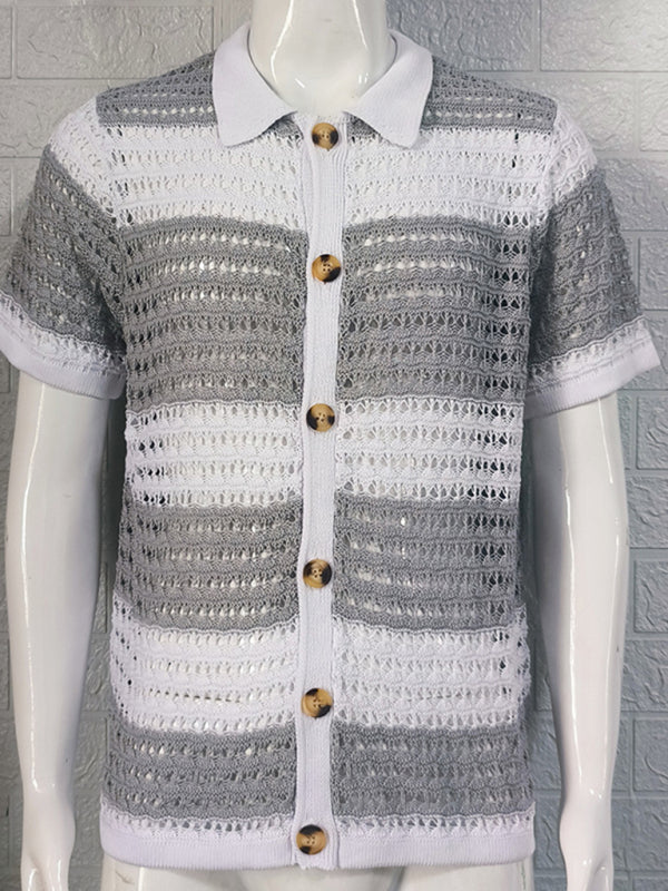 Men’s new lapel short-sleeved color-blocked cardigan
