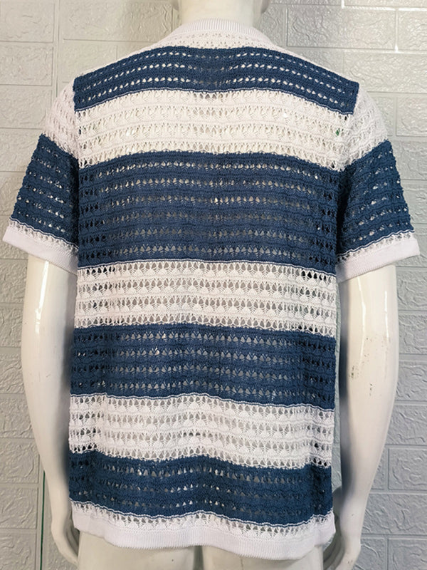Men’s new lapel short-sleeved color-blocked cardigan