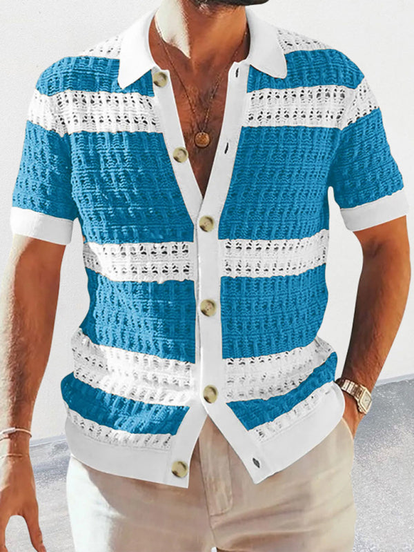 Men’s new lapel short-sleeved color-blocked cardigan - Acid blue / M