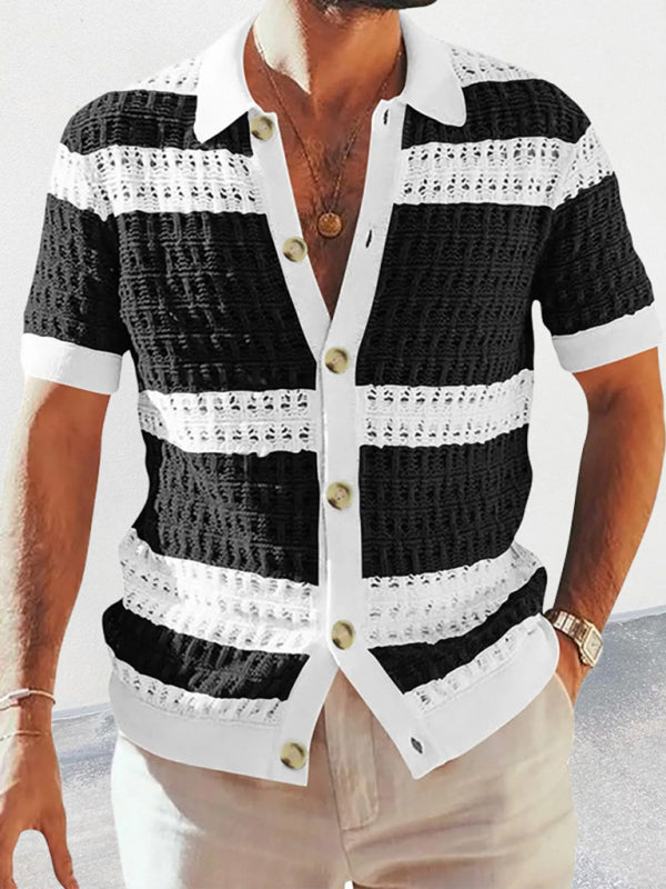 Men’s new lapel short-sleeved color-blocked cardigan - Black / M