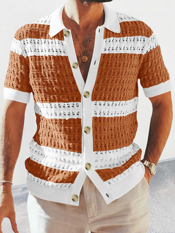 Men’s new lapel short-sleeved color-blocked cardigan - Brown / M