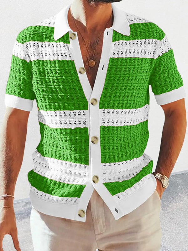 Men’s new lapel short-sleeved color-blocked cardigan - Green / M