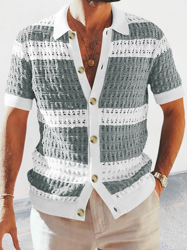 Men’s new lapel short-sleeved color-blocked cardigan - Grey / M
