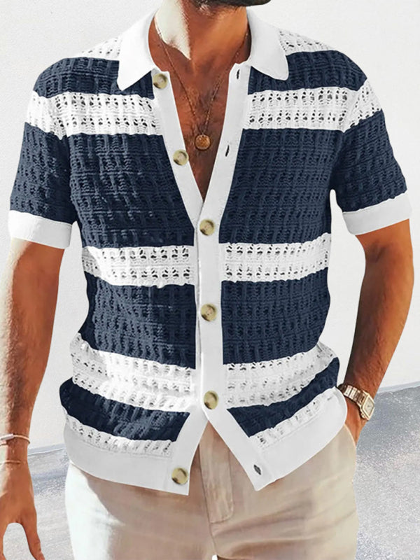 Men’s new lapel short-sleeved color-blocked cardigan - Purplish blue navy / M