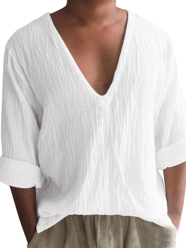 Men’s New Long Sleeve Solid Color V Neck Washed Water Cotton T-Shirt