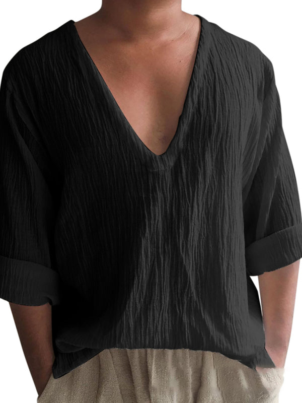Men’s New Long Sleeve Solid Color V Neck Washed Water Cotton T-Shirt - Black / M