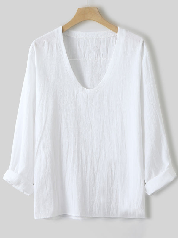 Men’s New Long Sleeve Solid Color V Neck Washed Water Cotton T-Shirt - White / M