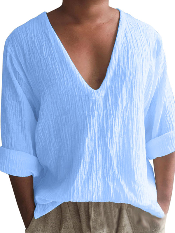 Men’s New Long Sleeve Solid Color V Neck Washed Water Cotton T-Shirt - Blue / M