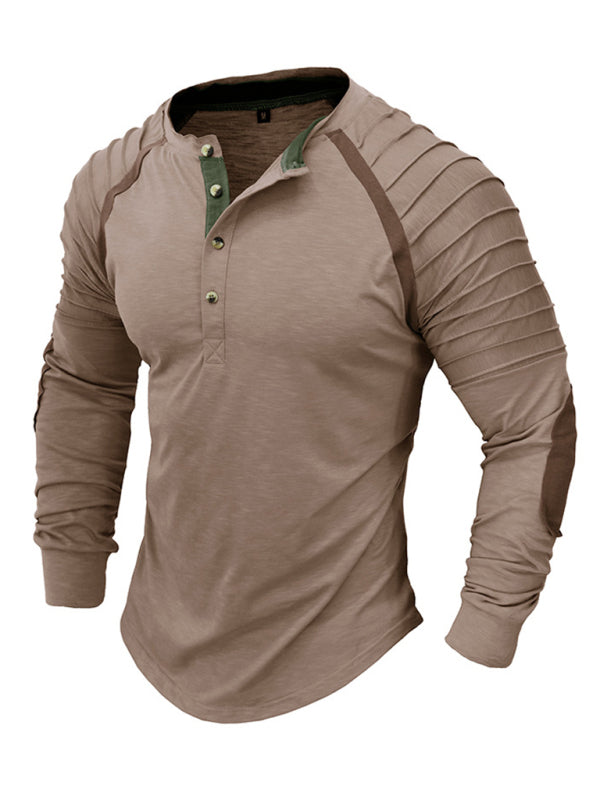 Men’s new long-sleeved Henry collar sports base T-shirt - Brown / S