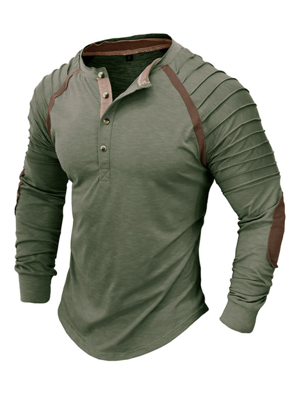 Men’s new long-sleeved Henry collar sports base T-shirt - Green / S
