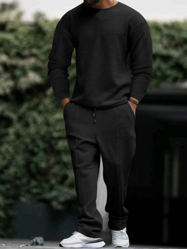 Men’s new long-sleeved trousers round-neck casual suit - Black / M