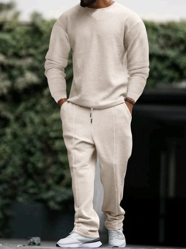Men’s new long-sleeved trousers round-neck casual suit - Khaki / M