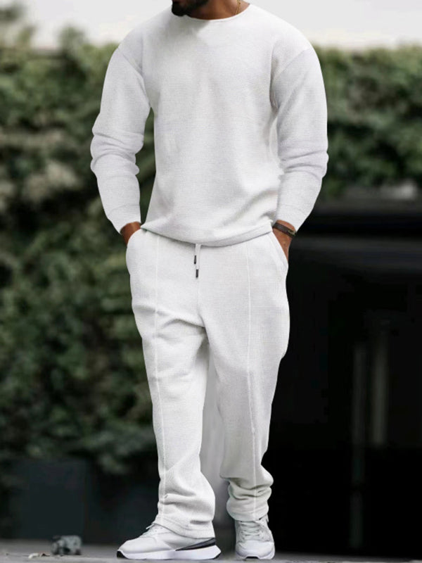 Men’s new long-sleeved trousers round-neck casual suit - White / M