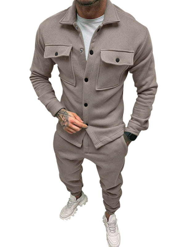 Men’s new long-sleeved trousers single-breasted jacket solid color slim two-piece set