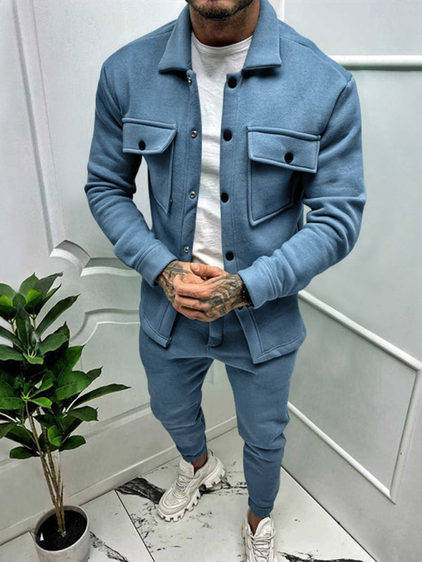 Men’s new long-sleeved trousers single-breasted jacket solid color slim two-piece set - Clear blue / S