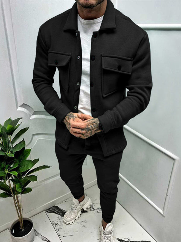 Men’s new long-sleeved trousers single-breasted jacket solid color slim two-piece set - Black / S
