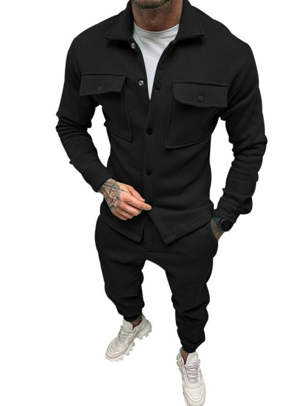 Men’s new long-sleeved trousers single-breasted jacket solid color slim two-piece set