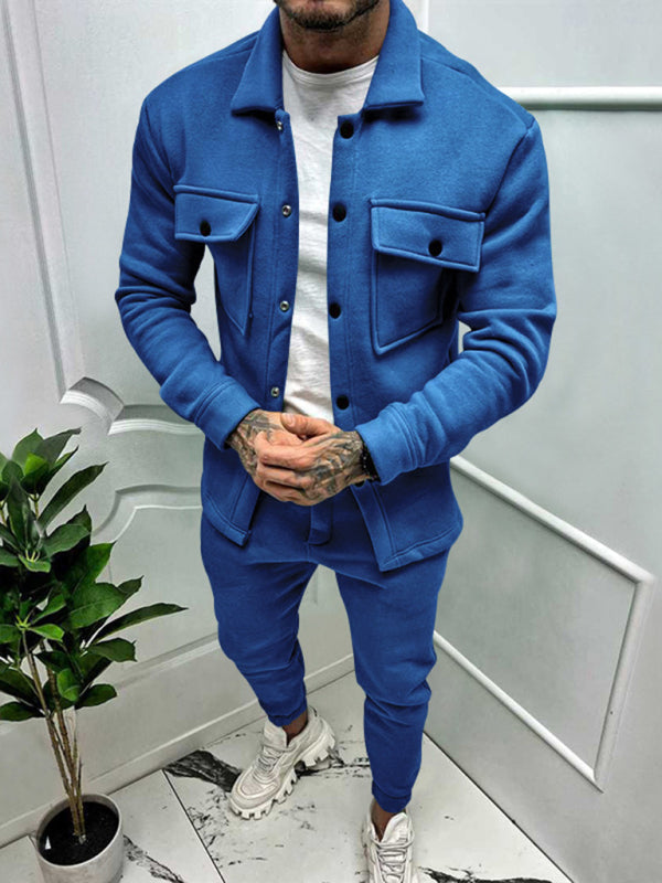 Men’s new long-sleeved trousers single-breasted jacket solid color slim two-piece set - Royal blue / S