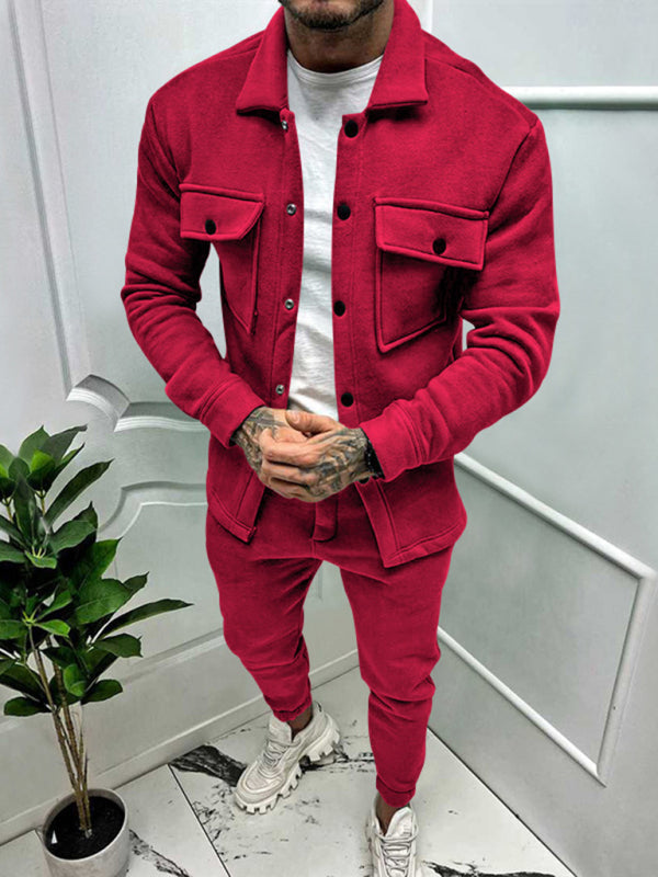 Men’s new long-sleeved trousers single-breasted jacket solid color slim two-piece set - Red / S