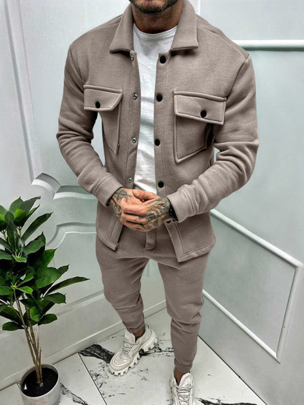 Men’s new long-sleeved trousers single-breasted jacket solid color slim two-piece set - Khaki / S