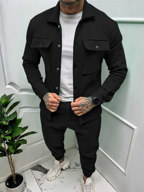 Men’s new long-sleeved trousers single-breasted jacket solid color slim two-piece set