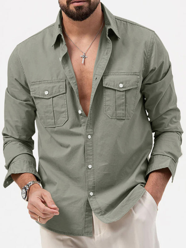 Men’s new multi-pocket casual long-sleeved shirt top