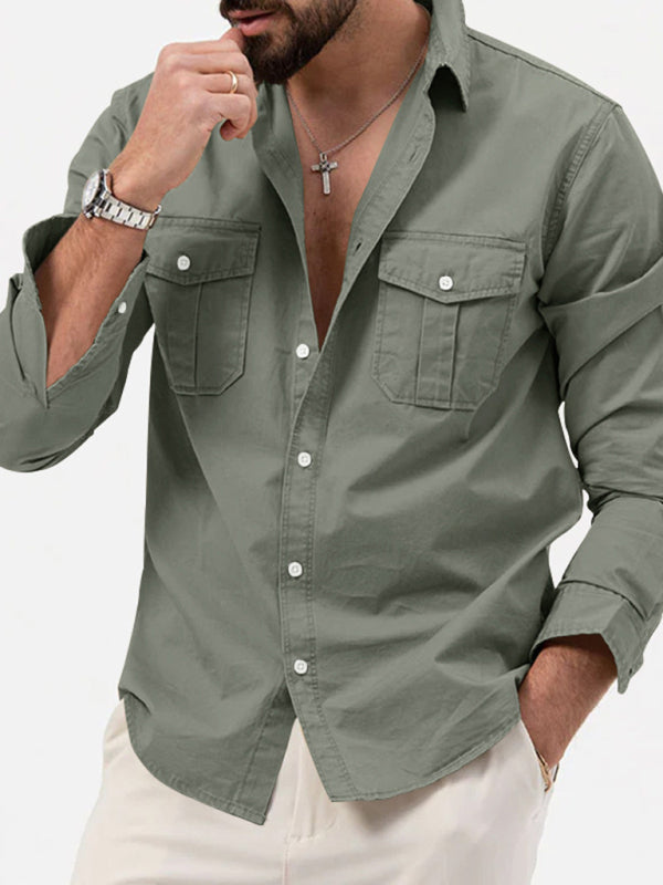 Men’s new multi-pocket casual long-sleeved shirt top