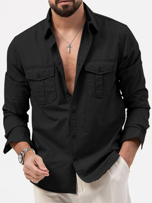 Men’s new multi-pocket casual long-sleeved shirt top