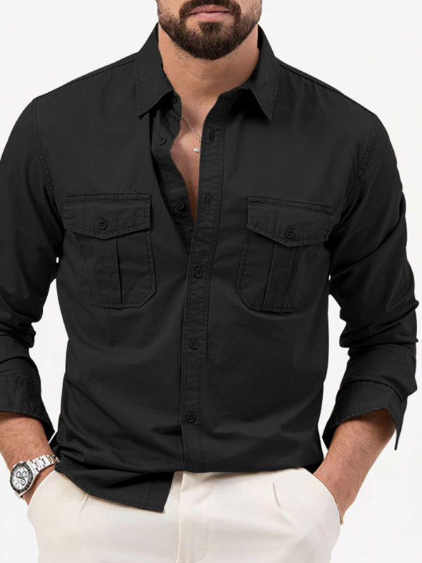 Men’s new multi-pocket casual long-sleeved shirt top - Black / S