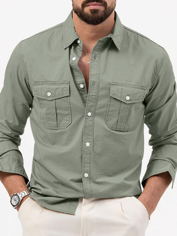 Men’s new multi-pocket casual long-sleeved shirt top - Grey green / S