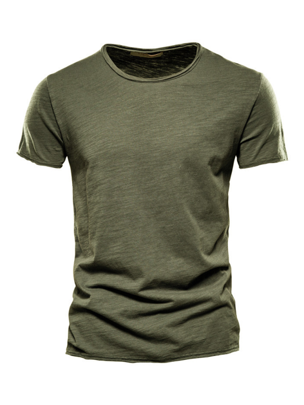 Men’s New Solid Color Slub Cotton Round Neck Short Sleeve T-Shirt - Olive green / S