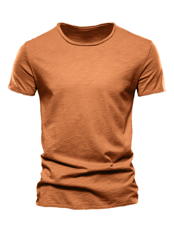 Men’s New Solid Color Slub Cotton Round Neck Short Sleeve T-Shirt - Ginger yellow / S