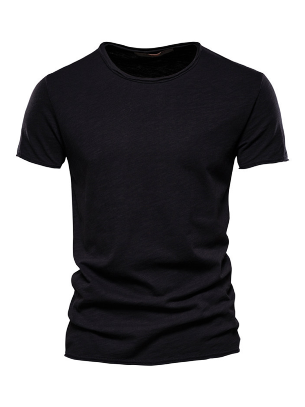 Men’s New Solid Color Slub Cotton Round Neck Short Sleeve T-Shirt - Black / S