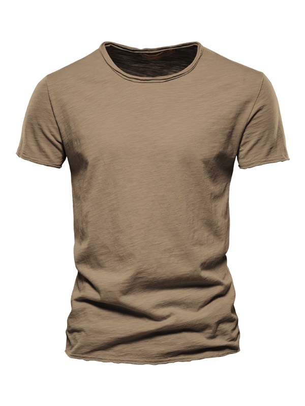 Men’s New Solid Color Slub Cotton Round Neck Short Sleeve T-Shirt - Camel / S