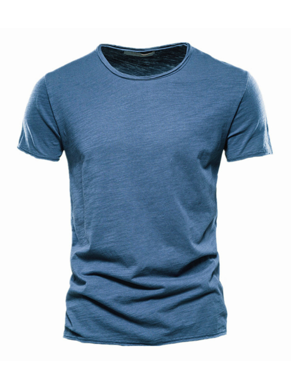 Men’s New Solid Color Slub Cotton Round Neck Short Sleeve T-Shirt - Denim Blue / S